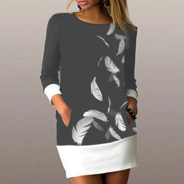 gray white feather graphic long sleeve short dress
