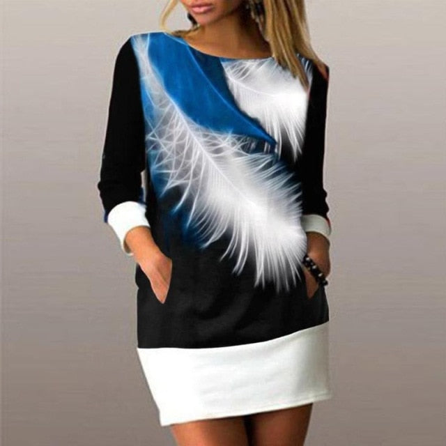 black white blue feather graphic long sleeve short dress