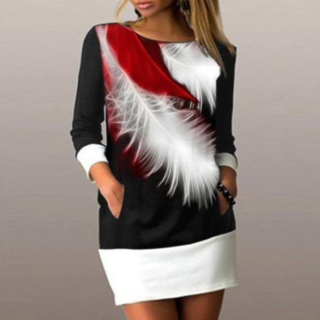 black white red feather graphic long sleeve short dress