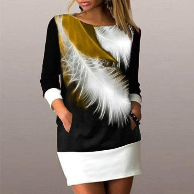 black white gold feather graphic long sleeve short dress