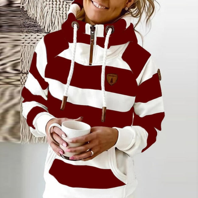 red white wide striped hoodie women