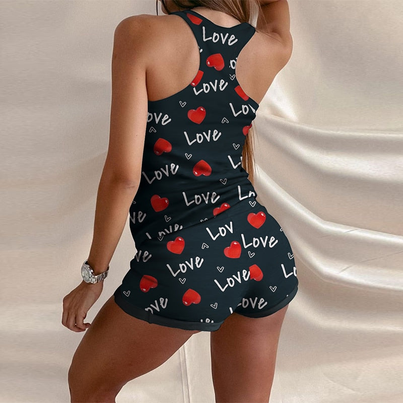 nay blue short set women with love and red hearts