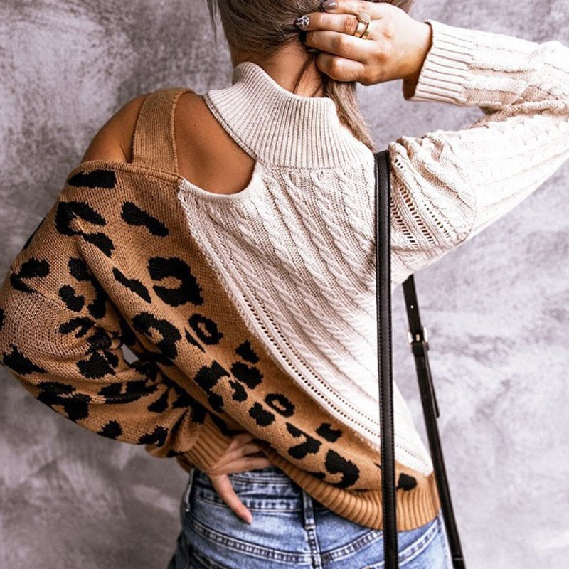 off shoulder leopard print long sleeve sweater