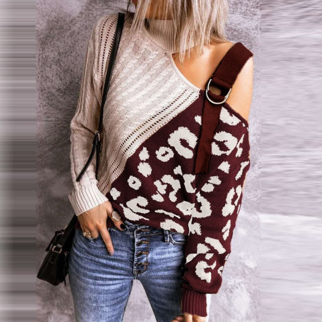 off shoulder leopard print long sleeve sweater burgundy