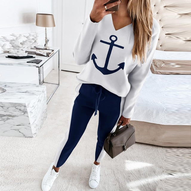womens white & blue nautical anchor tracksuit