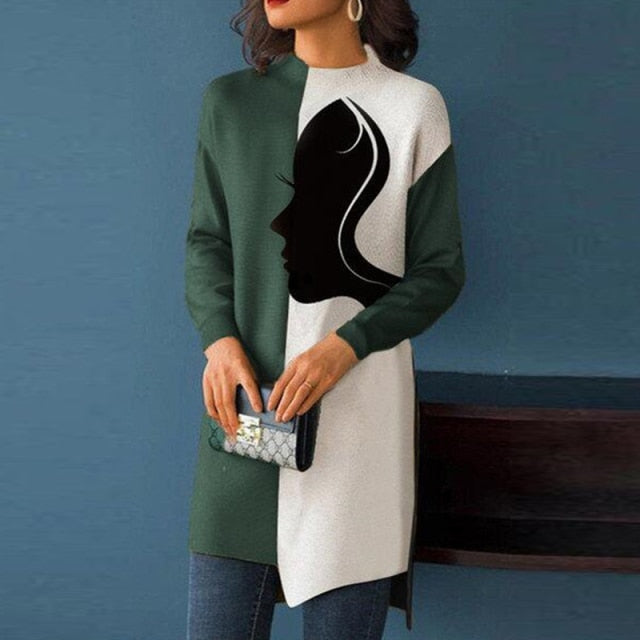 Green Women Silhouette Two Color Long Blouse