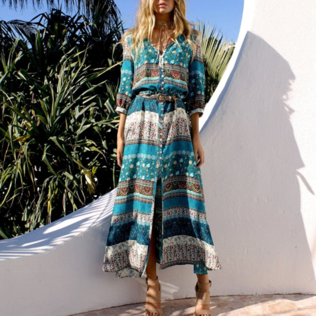 turquoise long split boho style summer dress