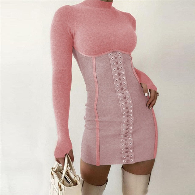 long sleeve braided mock neck soft pink dress