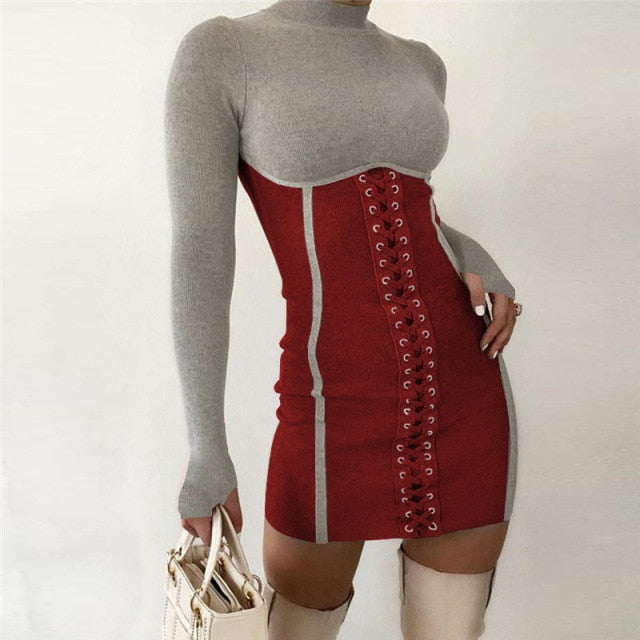 long sleeve braided mock neck gray red dress