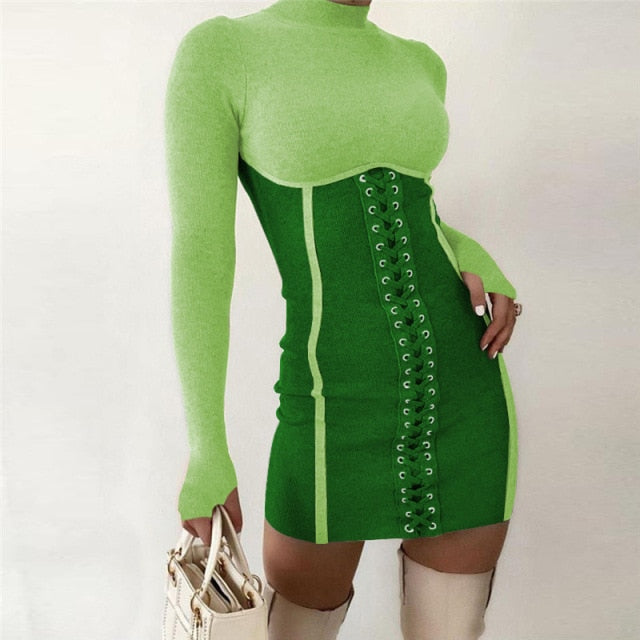 long sleeve braided mock neck lime green dress