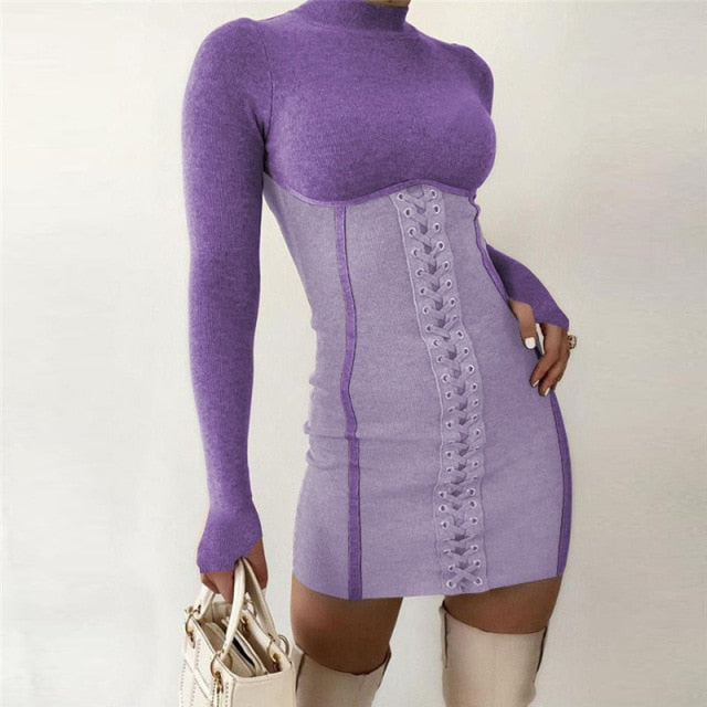 long sleeve braided mock neck purple lavender dress