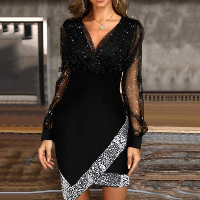 black silver glittery long sleeve asymmetrical short dress 