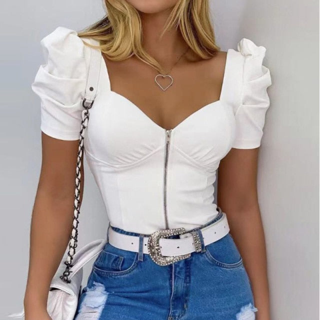 white zipper top blouse