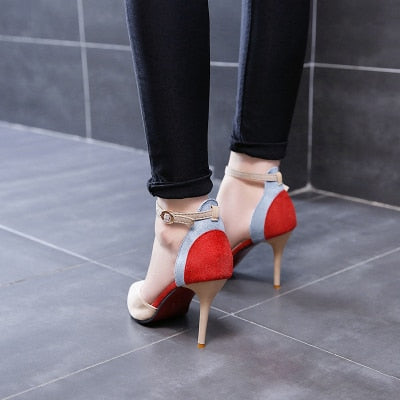 red beige and gray high heels