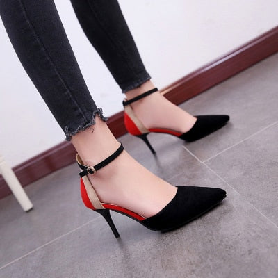 black red suede heels