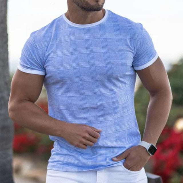 light blue plaid shirt with white trim men