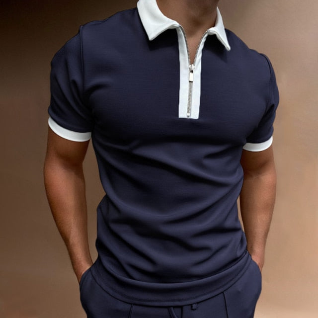 blue zipper style polo shirt