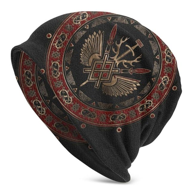 viking red black gold wool hat