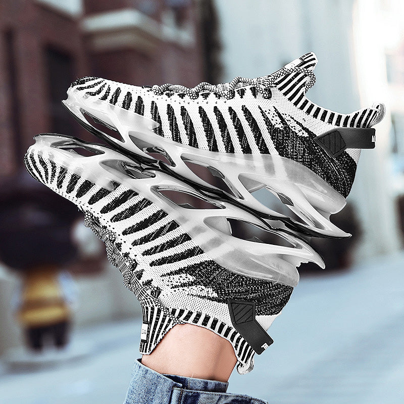 white and gray zebra stripe running shoes