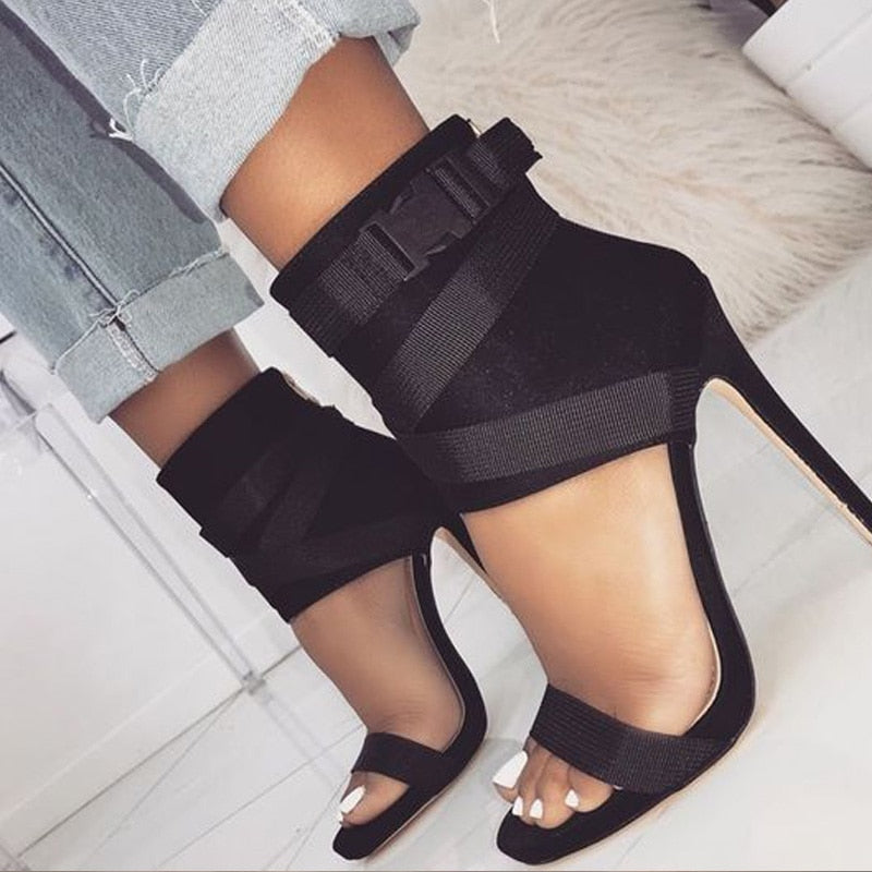 black straps high heel sandals