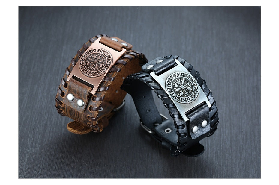 viking symbols metal plate on leather bracelet collection