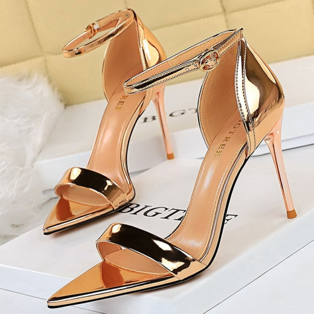shiny metallic gold open toe strap high heel sandals