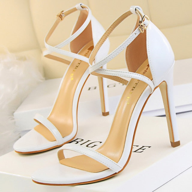 shiny white open toe strap high heel sandals