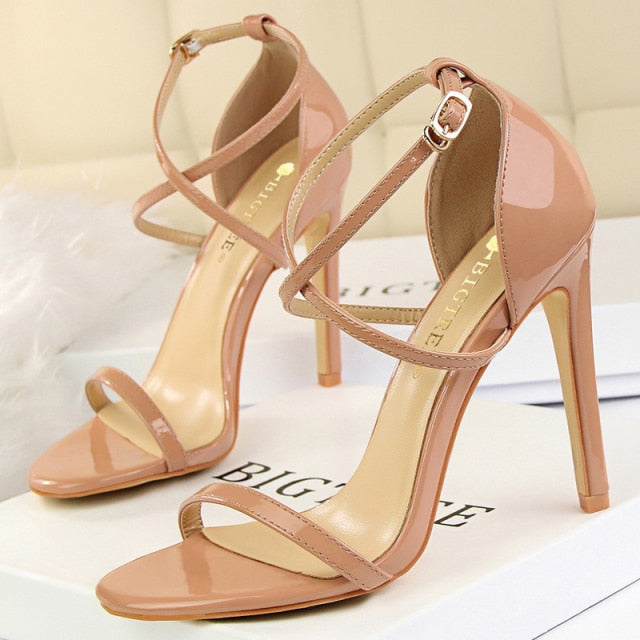 shiny soft pink open toe strap high heel sandals