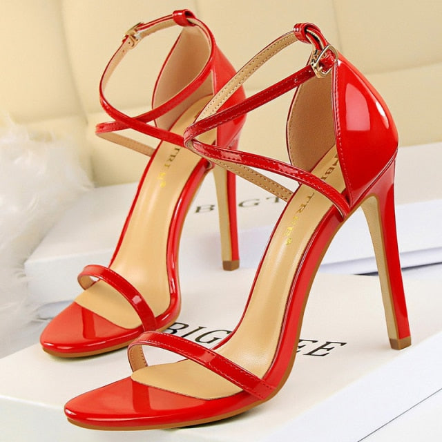 shiny candy apple red open toe strap high heel sandals
