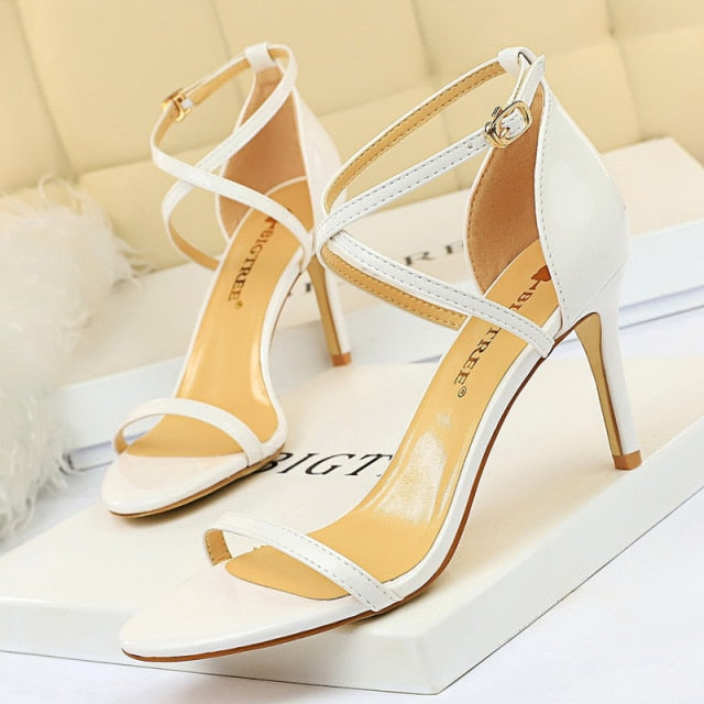 shiny white open toe strap high heel sandals