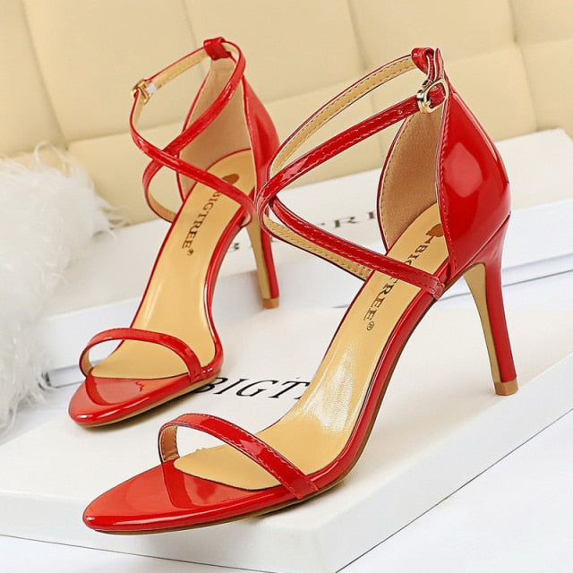 shiny red open toe strap high heel sandals