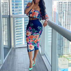 Colorful Two Piece Off Shoulder Short Sleeve Floral Dress - Blue / S - skirt