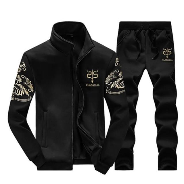 black jacket gold paisley sleeves sweat pants track suit jump set