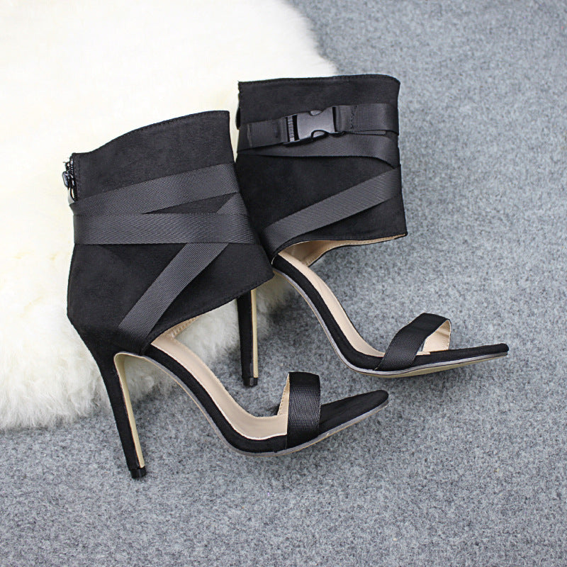 black high heel sandals with black straps