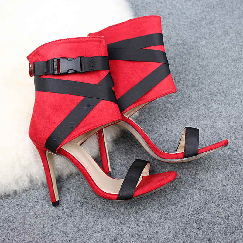 red high heel sandals with black strap