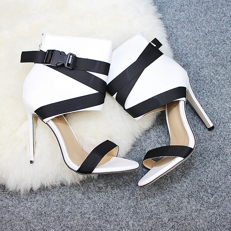 white high heel sandals black straps
