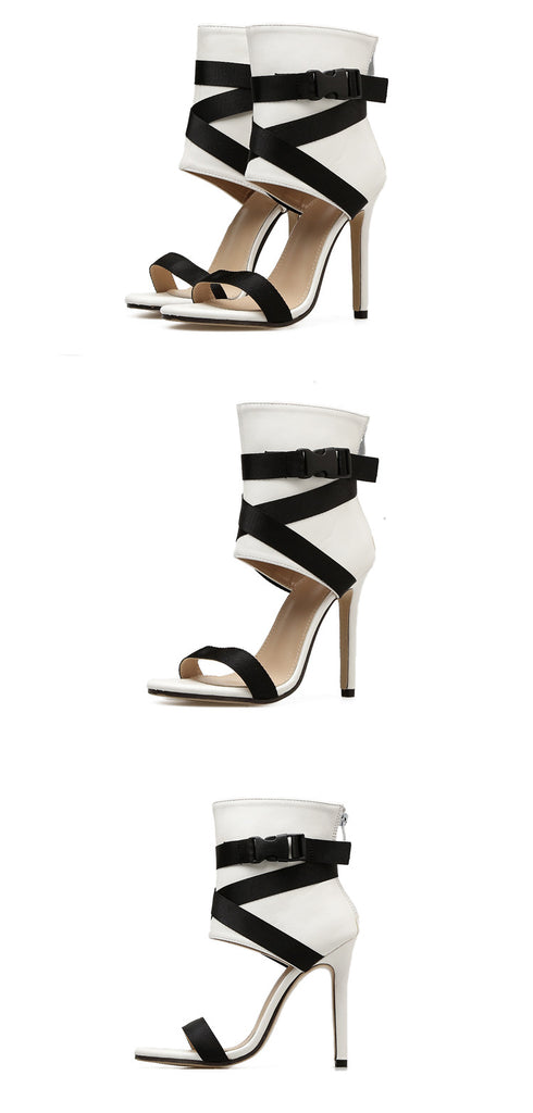 white high heel sandals black strap collection