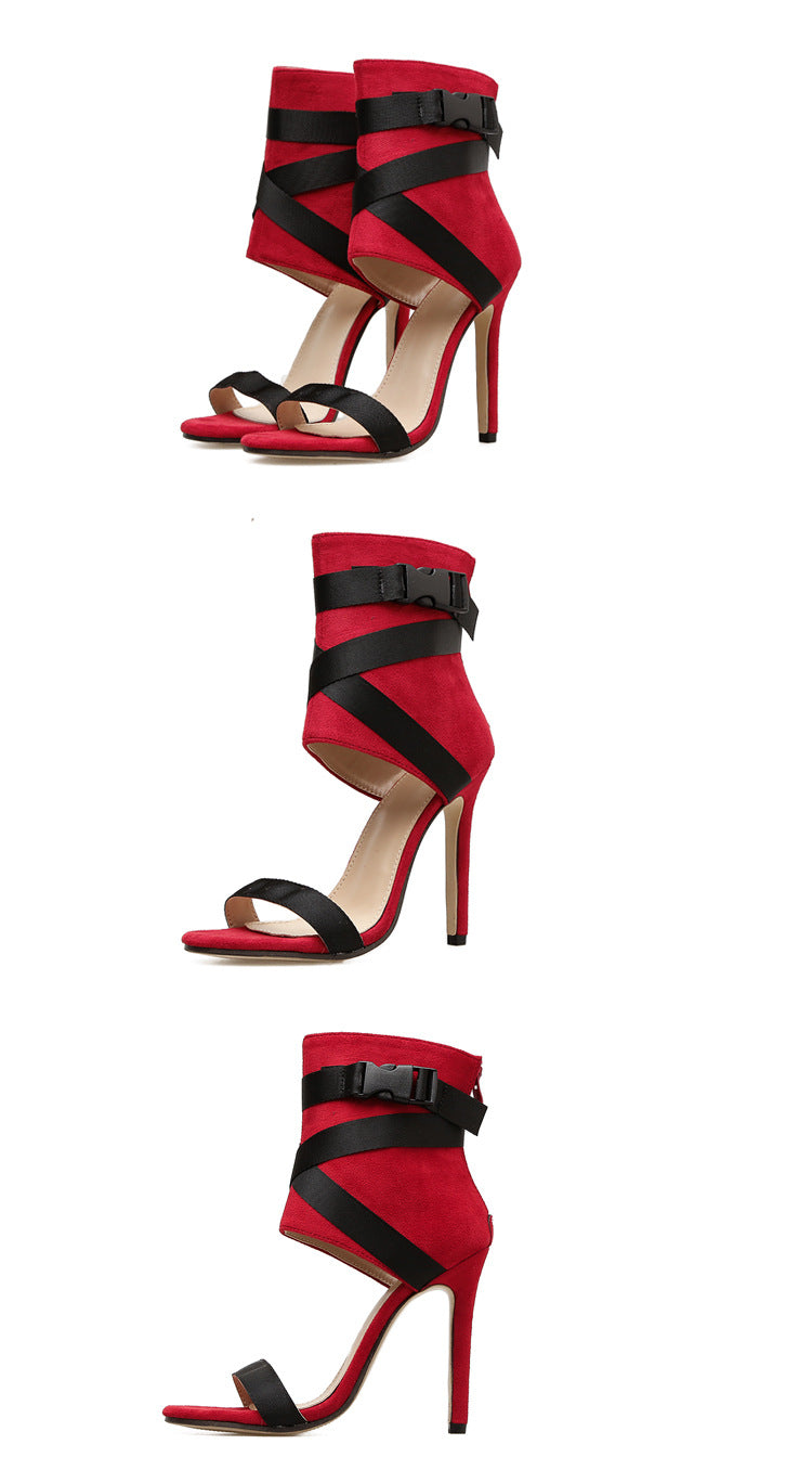 red high heel sandals with black straps collection