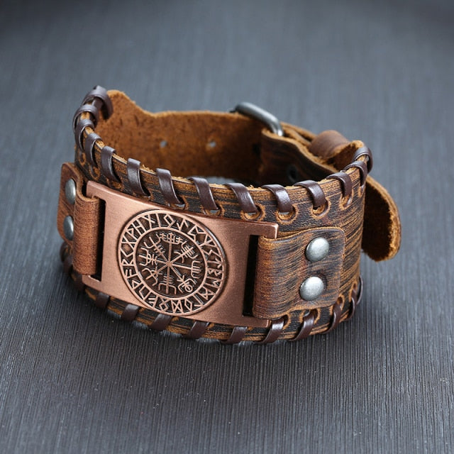 wide brown leather bracelet with metal accents