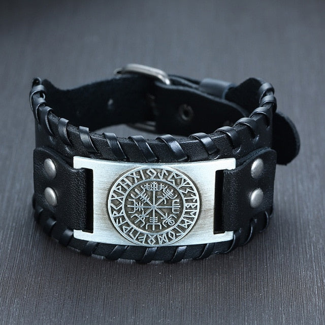 viking symbols metal plate on black leather bracelet