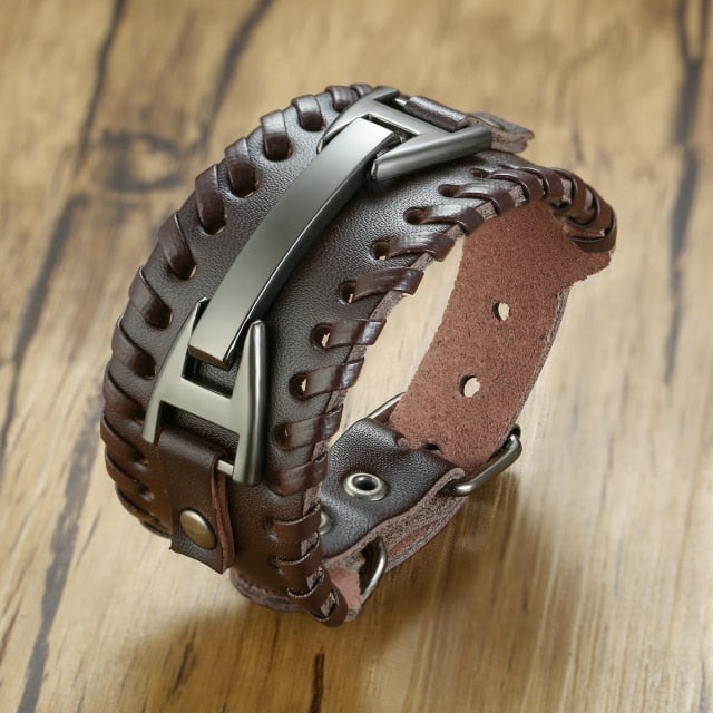 wide brown leather metal clasp bracelet