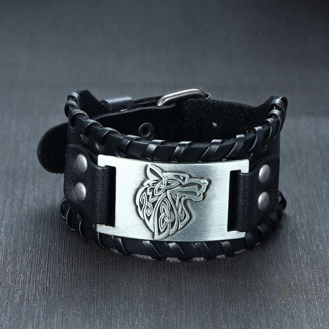 viking engraved wolf metal plate on black leather bracelet
