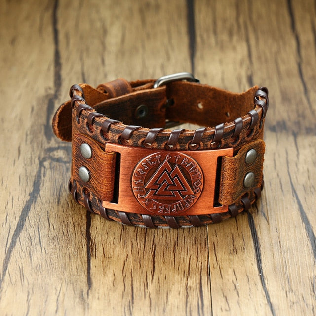 viking metal plate on brown leather bracelet