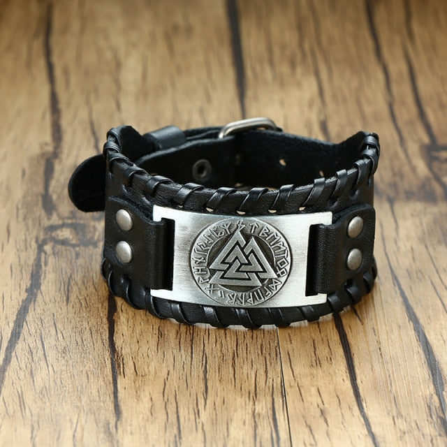 viking symbols metal plate on black leather bracelet
