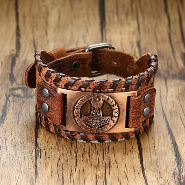 viking symbols metal plate on brown leather bracelet
