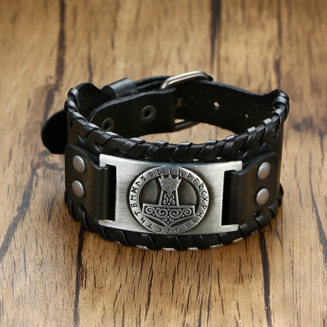 valkyrie engraved metal plate wide black leather bracelet