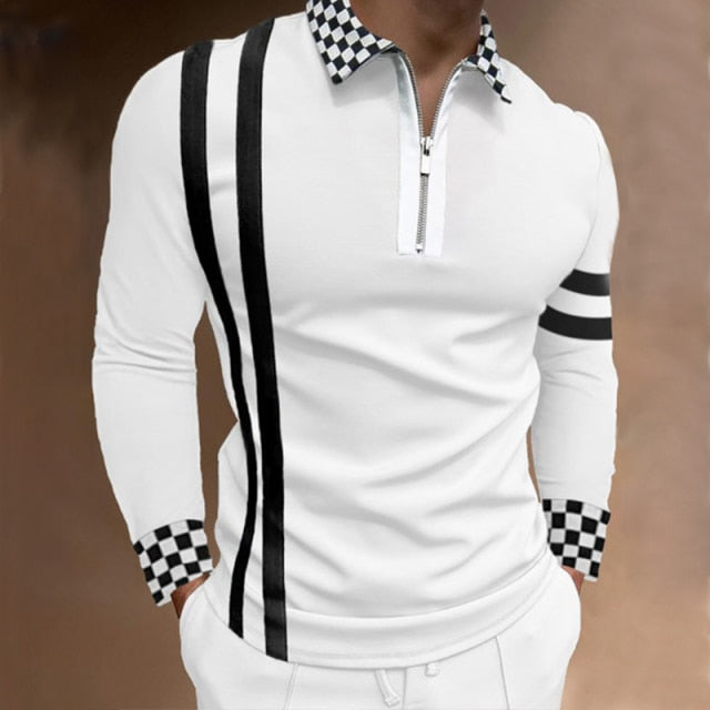 checkered flag black white zipper style long sleeve polo shirt