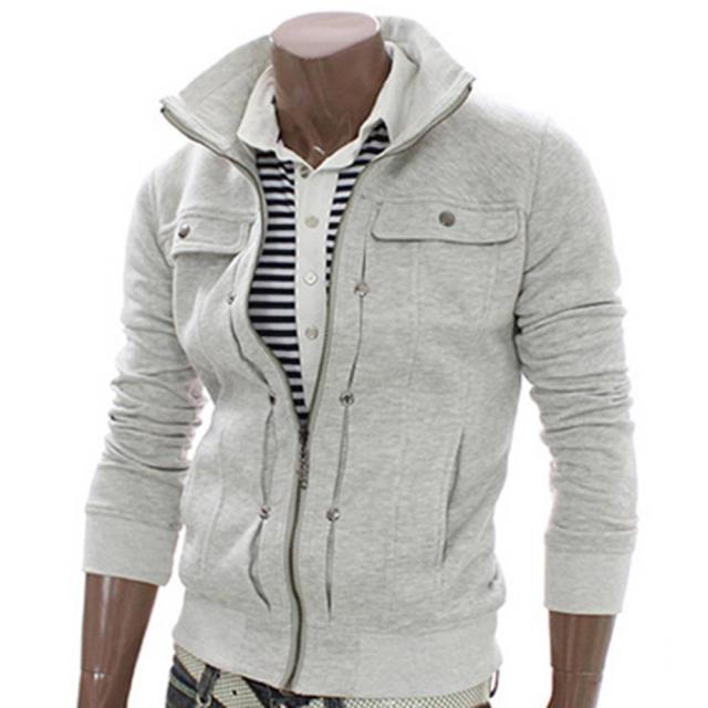light gray zip-up stand collar jacket