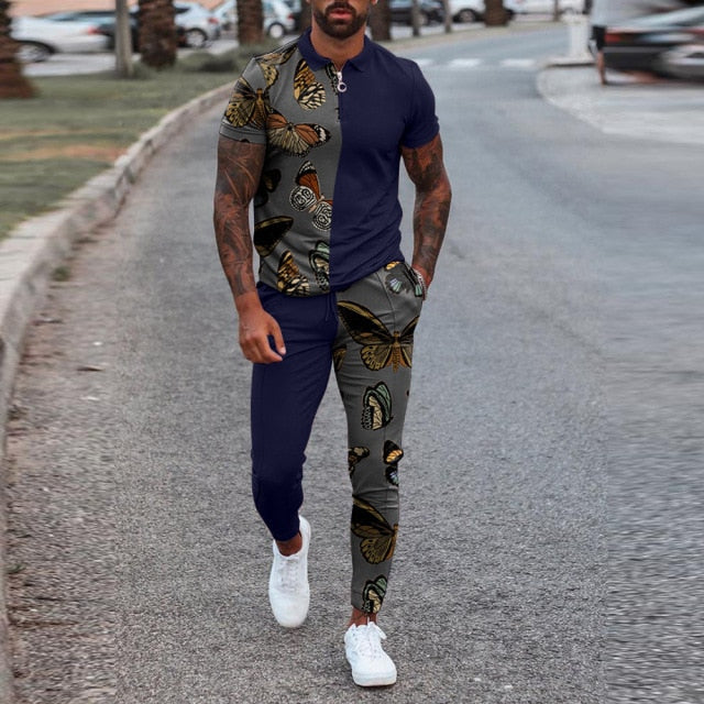 men blue and green butterfly track suit
