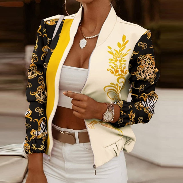 Women Gold Floral Print Light Jacket